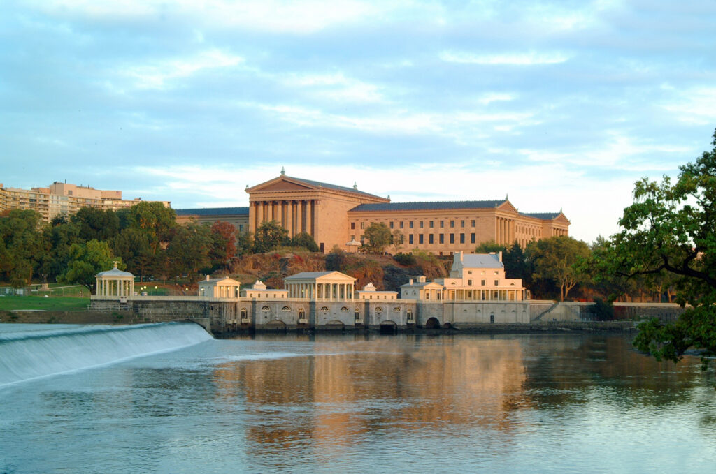 Philadelphia Museum of Art and Fairmount Water Works photographed from across the Schuylkill River