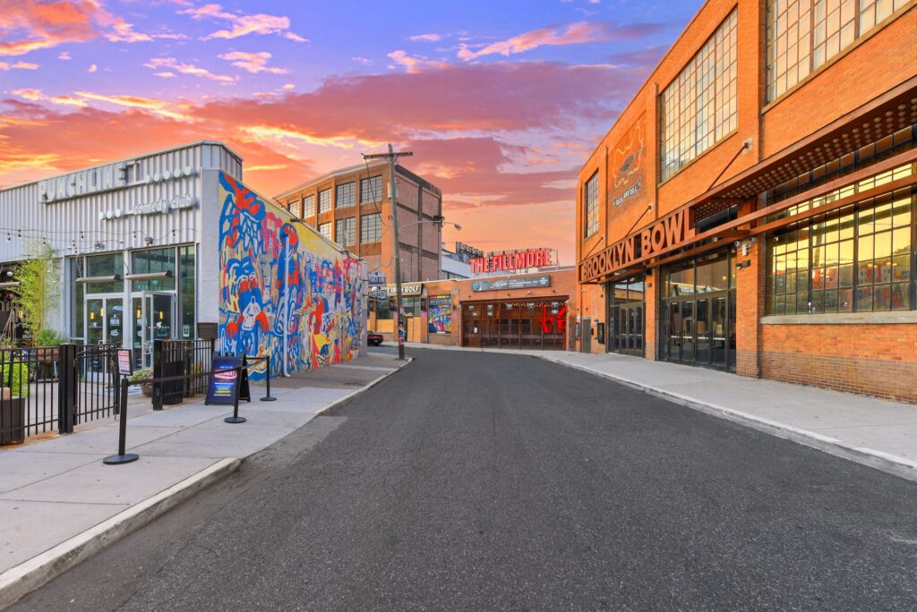 Exterior street view of The Fillmore Philadelphia, Brooklyn Bowl Philadelphia, and Punch Line Philly